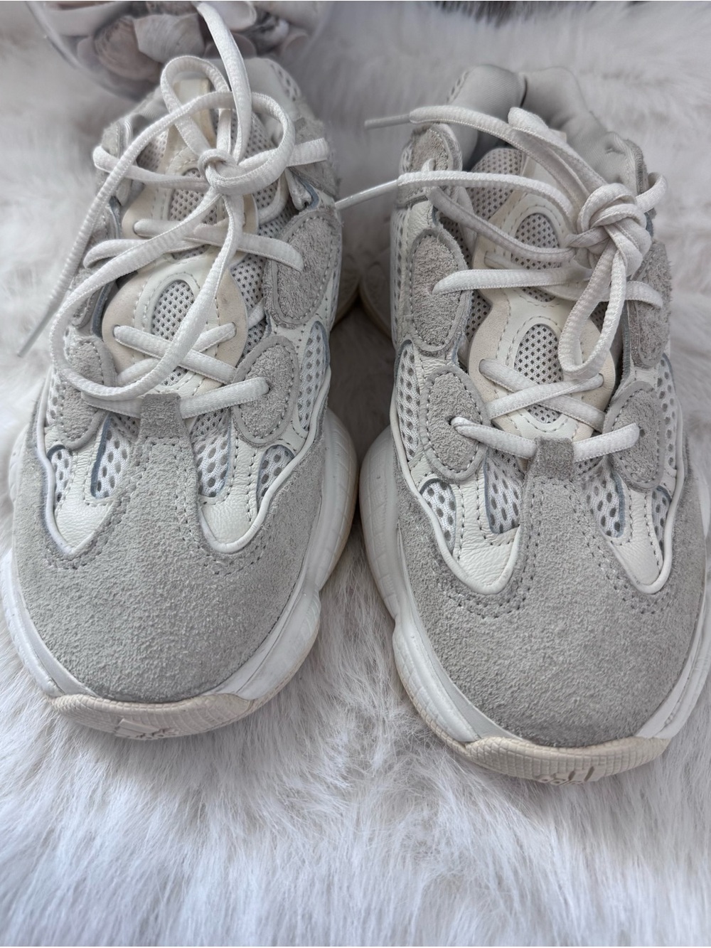 YEEZY adidas  Light Gray and White Suede Mesh Sneakers